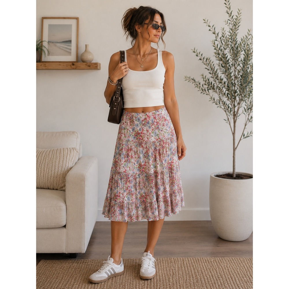 Chaps Denim Womens Large Pink Blue Floral Tiered Cotton Midi Skirt Boho Cottage